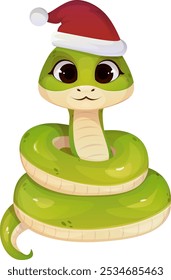 Christmas snake. Cute green snake wearing a Christmas hat. Snake in cartoon style. Vector illustration.