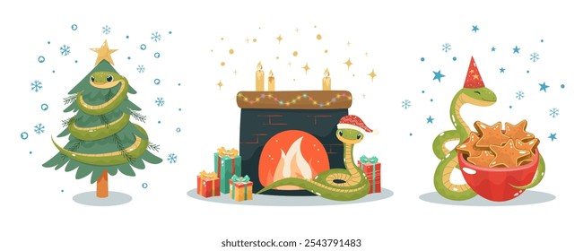 Christmas snake set. Cute illustrations with symbol of Chinese 2025 new year. Flat style