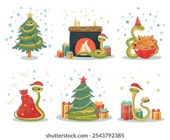 Christmas snake set. Cute illustrations with symbol of Chinese 2025 new year. Flat style