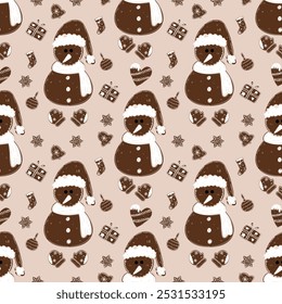 christmas snoman background, Seamless pattern for new year decoration on light color background. Trendy modern vector illustration. Cute hand drawn