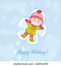 Christmas Snow Angel Baby Card - For Invitation, Congratulation - Hand Drawn In Vector