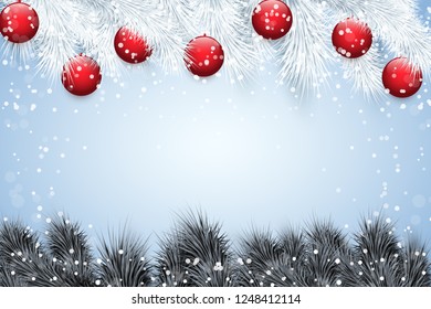 Christmas snow background with black spruce fir tree and glass balls. Trendy color of season. Winter Holiday xmas mockup and backdrop. Vector Illustration.