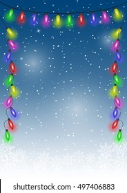 Christmas snow background with festive lights.