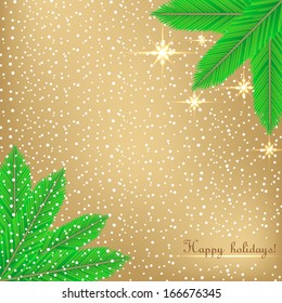 Christmas snow background with Christmas tree branch and sequins .Vector  illustration