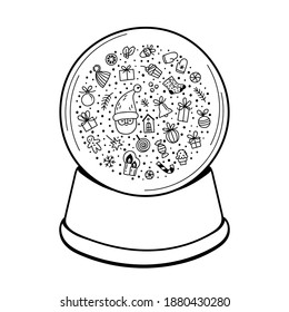 Christmas snow ball with Santa Claus, house, tree branch, bauble balls, gift boxes, sweets, candles, socks and falling snow. Hand drawn vector winter illustration in doodle style.