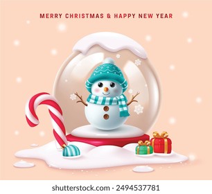 Christmas snow ball vector design. Merry christmas and happy new year greeting text with snowman character in frost crystal round bauble elements for winter season background. Vector illustration 