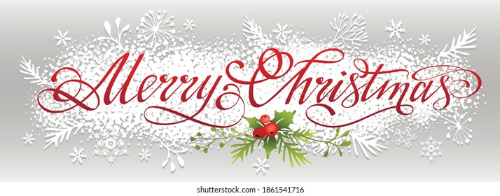 Christmas snow banner with elegant hand lettering merry christmas. Element for your christmas design. Christmas card. Vector illustration. 