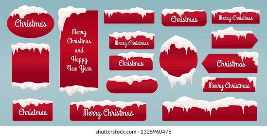 Christmas snow buttons, xmas and new year red banners with snowy caps and icicles. Decorative winter frozen elements, sale web tags snugly vector set