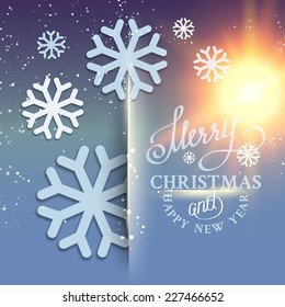 Christmas snow card with glow sparks over blue background. Vector illustration.