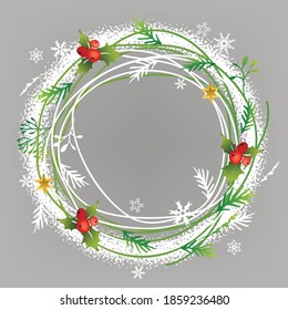 Christmas snow circle banner. Christmas frame design. Decorative festive wreath. Vector illustration.