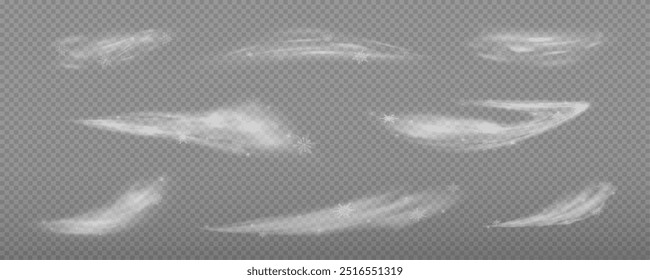 Christmas snow cold blizzard effect, cold wind blow with snowflakes png. Snowfall, vector blizzard overlay.	
