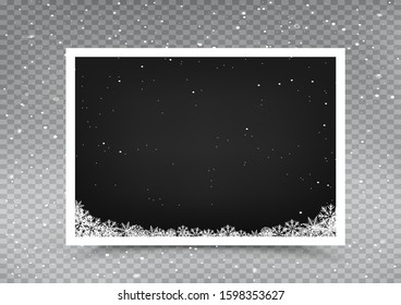 Christmas snow empty photo frame template on falling snow gray transparent background. Holiday celebration picture snapshot