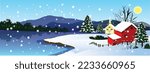 Christmas snow fall forest and house banner illustration vector