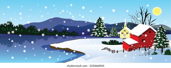 Christmas snow fall forest and house banner illustration vector