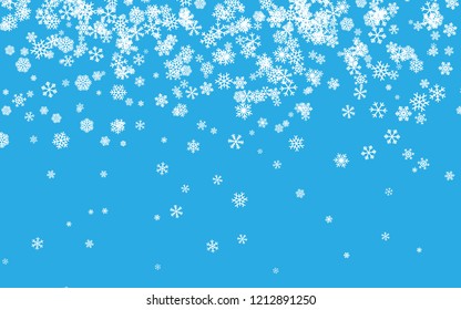 Christmas snow. Falling snowflakes on blue background. Snowfall. Vector illustration.