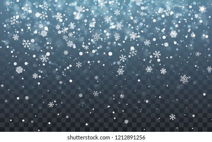 Christmas snow. Falling snowflakes on blue background. Snowfall. Vector illustration.