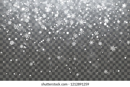 Рождественский снег. Падающие снежинки на темном фоне. Снегопад. Векторная иллюстрация.