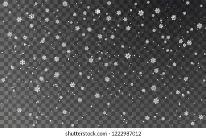 Christmas snow. Falling snowflakes on dark background. Snowflake transparent decoration effect. Xmas snow flake pattern. Magic white snowfall texture. Winter snowstorm backdrop illustration.