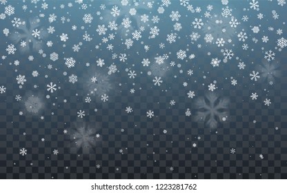 Christmas snow. Falling snowflakes on dark background. Snowflake transparent decoration effect. Xmas snow flake pattern. Magic white snowfall texture. Winter snowstorm backdrop illustration.