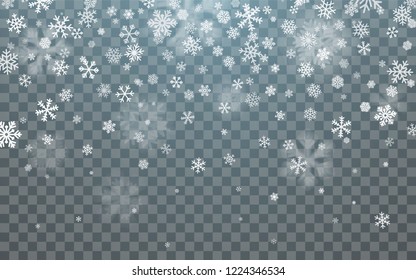 Christmas snow. Falling snowflakes on dark background. Snowflake transparent decoration effect. Xmas snow flake pattern. Magic white snowfall texture. Winter snowstorm backdrop illustration