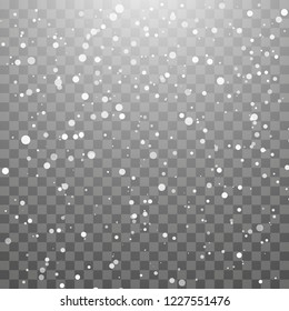 Christmas snow. Falling snowflakes on dark background. Snowflake transparent decoration effect. Xmas snow flake pattern. Magic white snowfall texture. Winter snowstorm backdrop illustration.