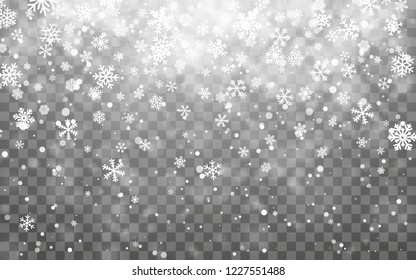 Christmas snow. Falling snowflakes on dark background. Snowflake transparent decoration effect. Xmas snow flake pattern. Magic white snowfall texture. Winter snowstorm backdrop illustration.