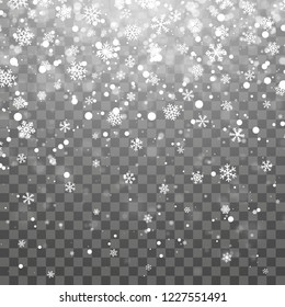 Christmas snow. Falling snowflakes on dark background. Snowflake transparent decoration effect. Xmas snow flake pattern. Magic white snowfall texture. Winter snowstorm backdrop illustration.