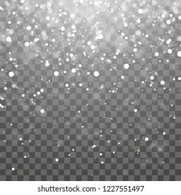 Christmas snow. Falling snowflakes on dark background. Snowflake transparent decoration effect. Xmas snow flake pattern. Magic white snowfall texture. Winter snowstorm backdrop illustration.