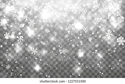 Christmas snow. Falling snowflakes on dark background. Snowflake transparent decoration effect. Xmas snow flake pattern. Magic white snowfall texture. Winter snowstorm backdrop illustration.