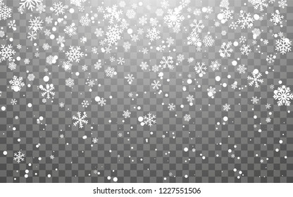 Christmas snow. Falling snowflakes on dark background. Snowflake transparent decoration effect. Xmas snow flake pattern. Magic white snowfall texture. Winter snowstorm backdrop illustration.