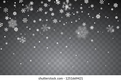 Christmas snow. Falling snowflakes on dark background. Snowflake transparent decoration effect. Xmas snow flake pattern. Magic white snowfall texture. Winter snowstorm backdrop illustration.