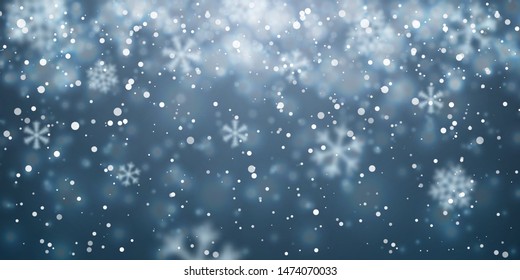 Christmas snow. Falling snowflakes on blue background. Snowfall. Vector illustration.