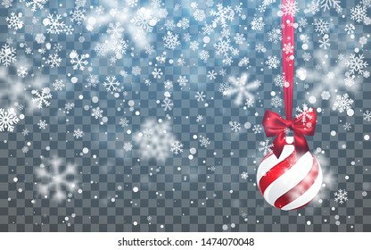 Christmas snow. Falling snowflakes on dark background. Snowfall. New Year background with christmas ball. Vector illustration.