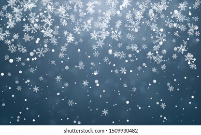 Christmas snow. Falling snowflakes on blue background. Snowfall. Vector illustration.