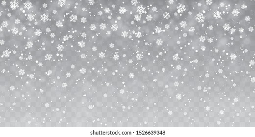 Christmas snow. Falling snowflakes on transparent background. Snowfall. Vector illustration.