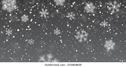 Christmas snow. Falling snowflakes on transparent background. Snowfall. Vector illustration.