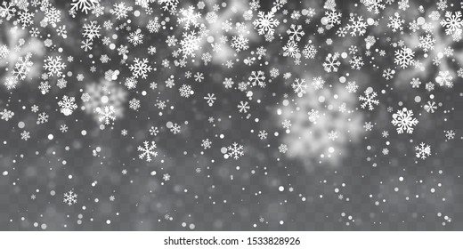 Christmas snow. Falling snowflakes on transparent background. Snowfall. Vector illustration.