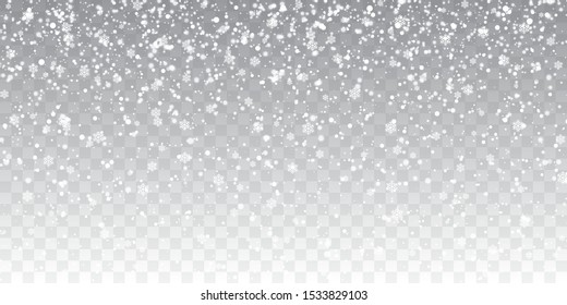 Christmas snow. Falling snowflakes on transparent background. Snowfall. Vector illustration.