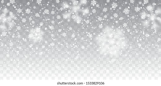 Christmas snow. Falling snowflakes on transparent background. Snowfall. Vector illustration.