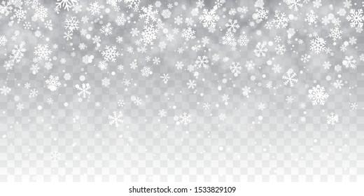 Christmas snow. Falling snowflakes on transparent background. Snowfall. Vector illustration.