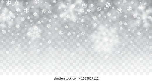 Christmas snow. Falling snowflakes on transparent background. Snowfall. Vector illustration.