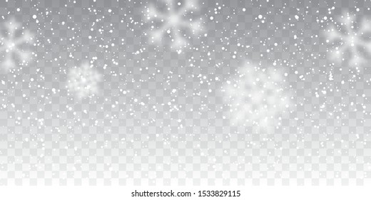 Christmas snow. Falling snowflakes on transparent background. Snowfall. Vector illustration.