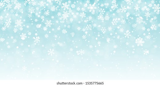 Christmas snow. Falling snowflakes on blue background. Snowfall. Vector illustration.