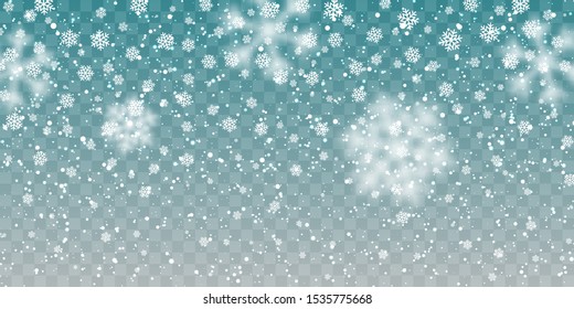 Christmas snow. Falling snowflakes on transparent background. Snowfall. Vector illustration.