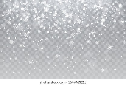 Christmas snow. Falling snowflakes on transparent background. Snowfall. Vector illustration.