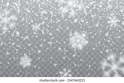 Christmas snow. Falling snowflakes on transparent background. Snowfall. Vector illustration.