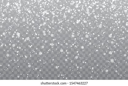 Christmas snow. Falling snowflakes on transparent background. Snowfall. Vector illustration.