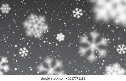 Nieve de Navidad. Caer copos de nieve sobre fondo transparente. Nevada. Ilustración vectorial.