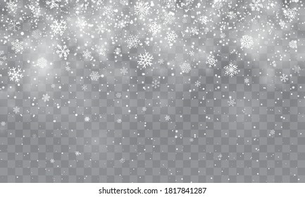 Christmas snow. Falling snowflakes on transparent background. Snowfall. Vector illustration.