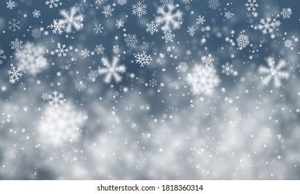 Christmas snow. Falling snowflakes on dark blue background. Snowfall. Vector illustration.